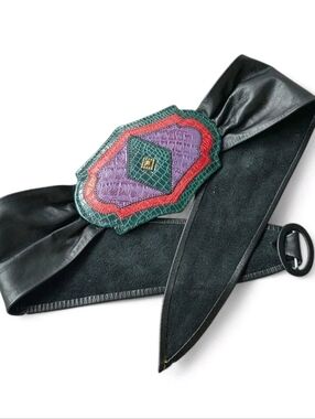 Vintage Astor Wide Leather Belt Statement Patchwork Buckle 80s